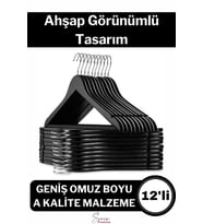 Premium Ahşap Görünümlü Kırılmaz Dayanıklı Plastik A Kalite Siyah Kıyafet Elbise Askı 12'li