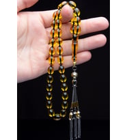 Sertifikalı Gümüş Püskül 8x12mm Ateş Kehribar Tesbih (Sarı)