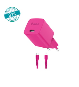 ttec SmartCharger GAN 45W AVS PD Seyahat Hızlı Şarj Aleti + USB-C - USB-C 3A Kablo Neon