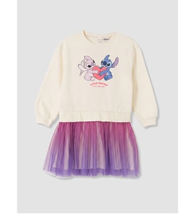 LCW Kids Ekru Stitch Ve Angel Baskılı Kız Çocuk Tütü Elbise