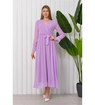 Neşeli butik kadın bağlama detaylı uzun şifon elbise KTS003 - Lila