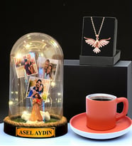 Kişiye Özel Led Işıklı Fanus, Türk Kahvesi Fincanı ve Anka Kuşu Kolye (Model 9)