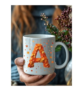 Sonbahar Yaprak Şeklinde Harf 3 Boyutlu Tasarım Seramik Kupa Mug - Hediyelik Kupa (Beyaz)