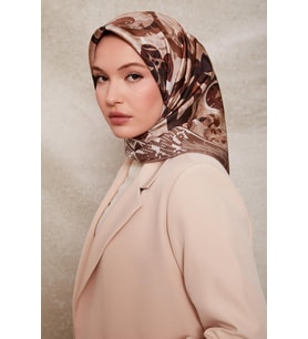 Desenli Twill İpek Eşarp-0918 (Sütlü Kahve)