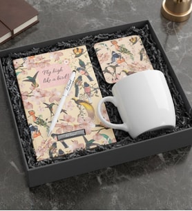 Kişiye Özel Kuş Motifli Defter & Beyaz Touchpen & Beyaz Kupa Bardak & Kuş Motifli Bardak Altlığı Hediye Seti