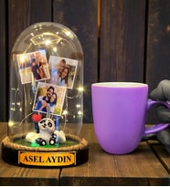 Kişiye Özel Tasarım Led Işıklı Fanus ve Mor Kupa Bardak Hediye Seti (Model 4)