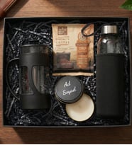 Premium French Press Kahve Hediye Kutusu (Kişiye Özel Metal Kutulu Mum & French Press & Kılıflı Cam Matara & Pratik Filtre Kahve Hediye Seti) (Siyah)