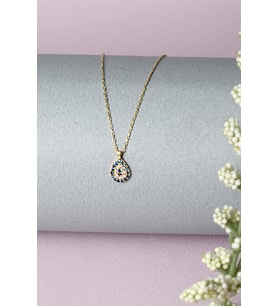 Göz Nazar Boncuğu 925 Ayar Damla Model Mavi Taşlı Gümüş Kolye (Gold)