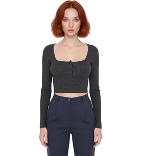 Stil Kadın Düğme Detaylı Fitted Vücuda Oturan Fitilli Esnek Bluz Crop Örme Slim Kalıp
