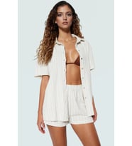 Kadın Moda Şık Regular Kısa Boy Uzun Kollu Dokuma Keten Karışımlı Gömlek Şort Takım (Ekru)