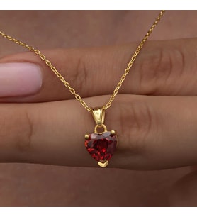 Gümüş Gold Kırmızı Taşlı Kalpli Kadın Kolye
