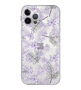 Apple iPhone 12 ProKamera Korumalı Tıpalı Kapak Floral Lila Tasarımlı Şeffaf Kılıf