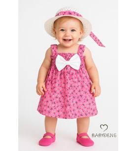 BABYDEN'S Kız Bebek Çiçek Desenli Fiyonklu Yazlık Elbise ve Şapka Takımı Pamuklu 9-36 Ay Yazlık Bebek Kombini (Pembe)