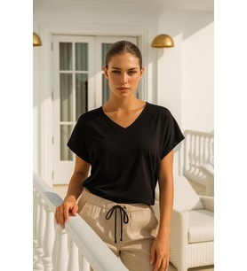Kadın Siyah Viskon Ön Arka V Yakalı T-shirt Yarasa Kol Relaxed Bluz