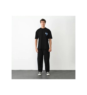 Unisex Bisiklet Yaka Baskılı Oversize T-Shirt - Siyah