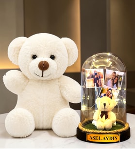 Kişiye Özel 3 Fotoğraflı Yazılı LED Işıklı Fanus ve Beyaz Peluş Ayıcık Hediye Seti (peluş ayıcıklı)