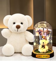 Kişiye Özel 3 Fotoğraflı Yazılı LED Işıklı Fanus ve Beyaz Peluş Ayıcık Hediye Seti (peluş ayıcıklı)