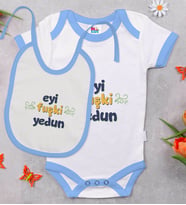 BK Kids Eyi Fuşki Yedun Tasarımlı Mavi Bebek Body Zıbın ve Mama Önlüğü Hediye Seti-1