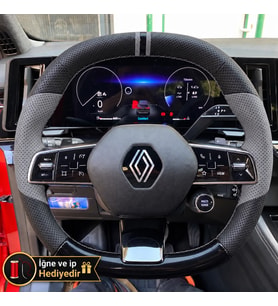 Renault Scenic E-Tech Dikme Direksiyon Kılıfı Delikli Deri Parlak Siyah Gri Detay Çift Yüzük ve Dikiş 2024-2026