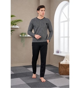 Gd Goldoremi Premium Erkek Jakarlı Pamuklu Orta Kalın Uzun Kollu Rahat Kalıp Pijama Takım