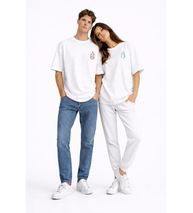 Sevgili Kombini Ateş Su Minimal Çift Tişört Oversize Unisex Partner Kombin Seti (Beyaz)