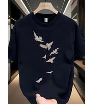 Erkek Özgür Kuşlar Baskılı Tişört Yazlık Bisiklet Yaka Kısa Kol T-Shirt - Beyaz