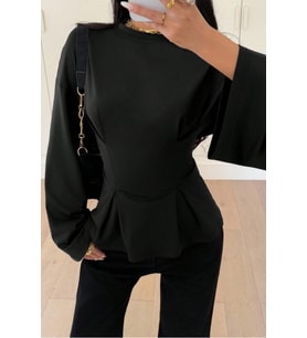 Kadın Pilet Bel Oturtmalı Peplum Detaylı Uzun Kollu Bluz