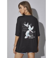 Love And Peace Baskılı Unisex Oversize Tshirt (Siyah)