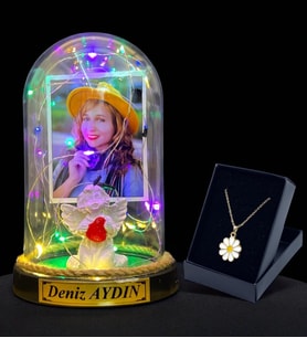 Sizlere Özel Renkli Led Işıklı Fanus ve Tasarım Kolye Hediye Seti (Model 4)