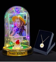 Sizlere Özel Renkli Led Işıklı Fanus ve Tasarım Kolye Hediye Seti (Model 4)