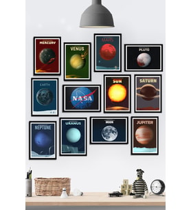 12 Parça Çerçeve Görünümlü Gezegenler Galaksi Nasa Temalı Mdf Tablo Seti (80X80 CM)