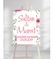 Söz Nişan Düğün İçin 50x70 Karşılama Panosu - Pembe Ren Çiçek Temalı 01