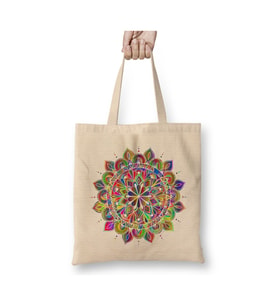 Mandala Renkli Hat Sanatı Beyaz Bez Çanta Uzun Saplı Alışveriş Çantası Plaj Çantası