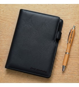 Kişiye Özel Deri Defter Bambu Kalem (Siyah)