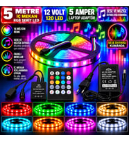 5M 12V 120 Ledli İç Mekan RGB Şerit Led 5A Laptop Adaptör Sese ve Müziğe Duyarlı RGB Kumandalı Set