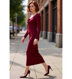 Kadın Smart Kesim Havuz Yaka Bağlama Detaylı Uzun Kol Bodycon Örme Maxi Abiye Elbise Kaliteli
