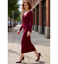 Kadın Smart Kesim Havuz Yaka Bağlama Detaylı Uzun Kol Bodycon Örme Maxi Abiye Elbise Kaliteli