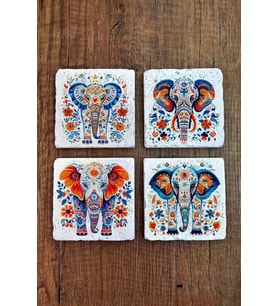 Doğal Taş Bardak Altlığı 4'lü Set 10x10x1 cm Renkli Fil Baskılı -Stone Coasters