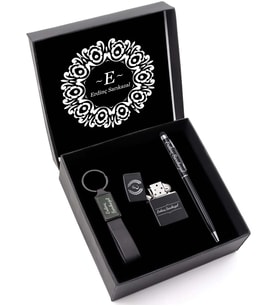 Kişiye Özel Siyah Touch Pen & Zippo Tarzı Çakmak & Siyah Anahtarlık Hediye Seti