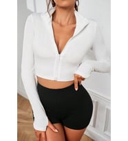 Kadın Beyaz Uzun Kol Fermuarlı Parmak Geçme Detaylı Dik Yaka Crop Top Bluz