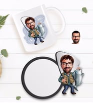 BK Gift Kişiye Özel Erkek Balıkçı Karikatürlü Beyaz Kupa ve Ahşap Bardak Altlığı Hediye Seti-1