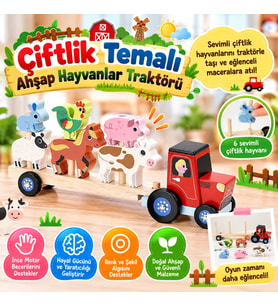 Çiftlik Temalı Ahşap Hayvanlar Traktörü