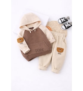 Bebek Çocuk 2'li Kapüşonlu Sweatshirt ve Alt Eşofman Takımı %100 Pamuklu - Mavi