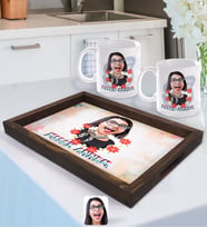 BK Gift Kişiye Özel Melek Annem Karikatürlü Doğal Ahşap Tepsi ve 2’li Kupa Bardak Seti-1