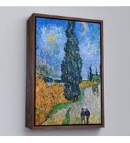Çerçeveli Vincent van Gogh - Selvili ve Yıldızlı Yol Tablo - Road with Cypress and Star (Altın)