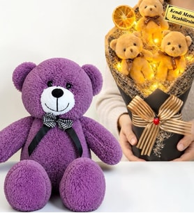 Kişiye Özel Led Işıklı Peluş Ayıcık Buketi ve 50 cm Büyük Boy Mor Peluş Ayıcık Hediye Seti