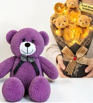 Kişiye Özel Led Işıklı Peluş Ayıcık Buketi ve 50 cm Büyük Boy Mor Peluş Ayıcık Hediye Seti