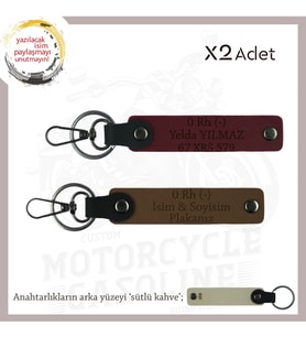 Motosiklet Tutkunlarına, İsim Plaka ve 0 Rh (-) Kan Grubu Yazılı Deri x2 Anahtarlık, Kahve-Bordo-SK (Çok Renkli)