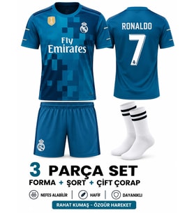 Real Madrid Ronaldo Turkuaz Retro Futbol Çocuk Forması 4'lü Set Çorap+Bileklik Hediyeli