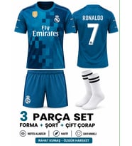 Real Madrid Ronaldo Turkuaz Retro Futbol Çocuk Forması 4'lü Set Çorap+Bileklik Hediyeli